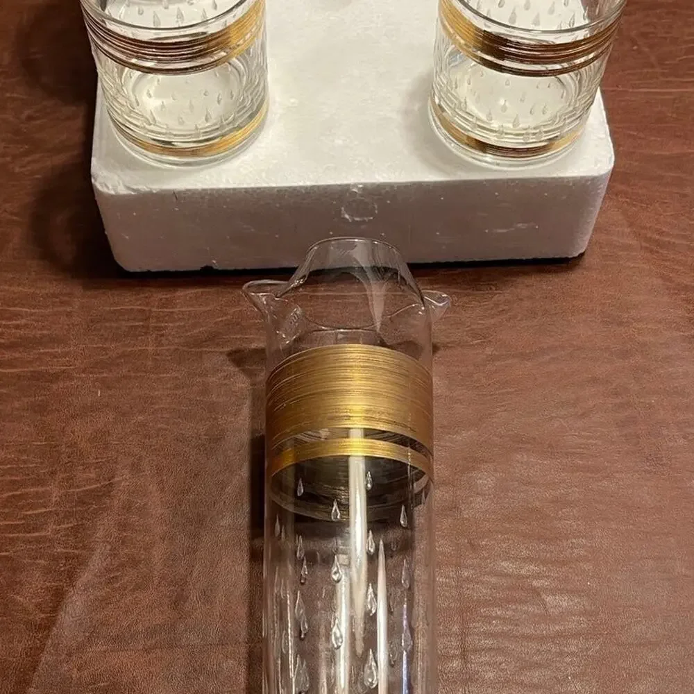 Vtg Cera Glass DewDrop 22kt pitcher + lowball glasses x4 RARE FIND cocktail set